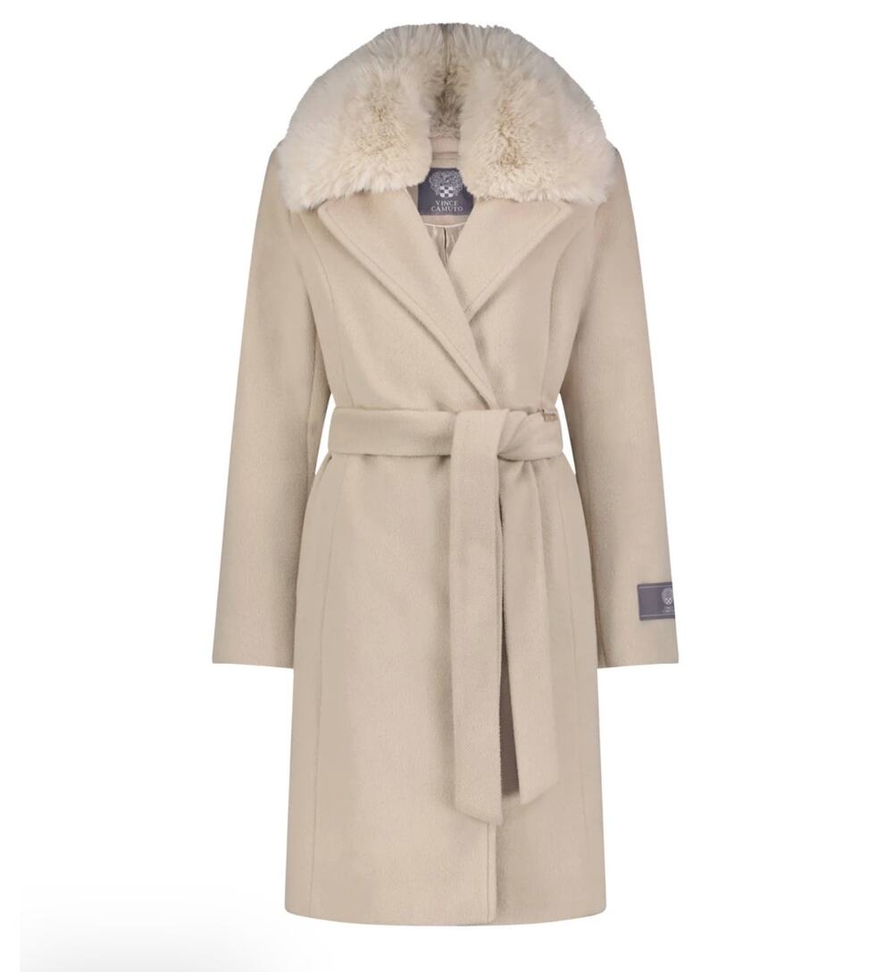 Vince Camuto Double-Breasted Wool Blend Jacket Beige Sz XXL NWT Faux Fur Collar
